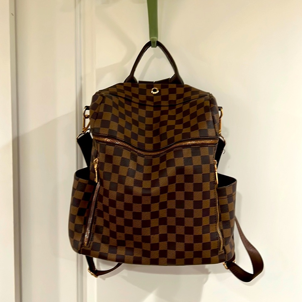 Checkerboard, brown and black backpack